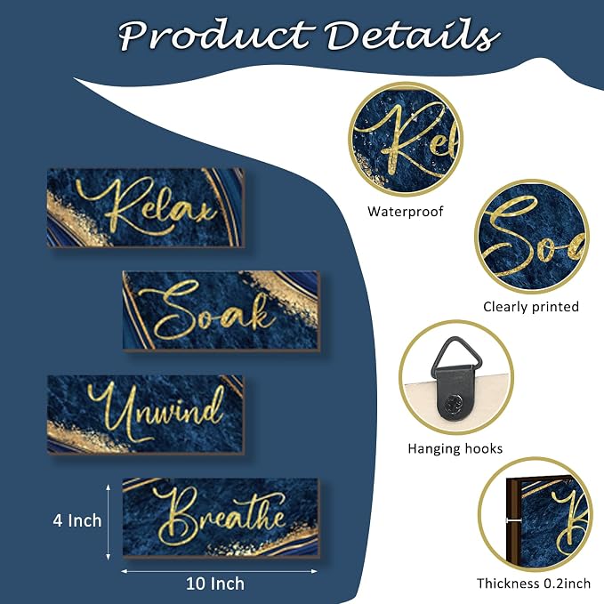 ONIZHITY 4 Pcs Blue and Gold Bathroom Decor Navy Blue Gold Wall Decor Relax Soak Unwind Breathe Wooden Rustic Marble Style Versatile Bathroom Accessories for Bedroom Living Room Decor(10X4)