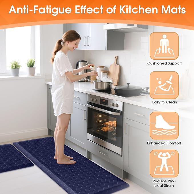 TranquilRelax 4/5 Inch Thick Anti-Fatigue Kitchen Mats 2Pcs, Cushioned Non-Slip Waterproof Sink & Stove Floor Mats, Comfortable Standing Rug Set for Kitchen, Laundry & Entryway, Blue