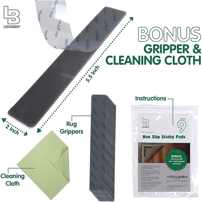 Ledgebay Rug Pad Grippers for Area Rugs Pack of 9 Reusable, No Skid, Washable, Anti-Slip Pads, Rug Gripper for Hardwood Floors and Tile with Double-Sided, Self Adhesive Rug Tape to Keep Rugs Flat