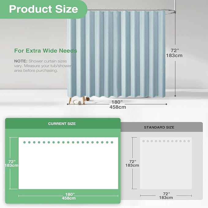 Dynamene Extra Wide Shower Curtain - 180 Inch Wide Waffle Weave Weighted Thick Cloth Bathroom Shower Curtain, Neutral Heavy Duty Hotel Bath Curtain Set with 32 Plastic Hooks, 180x72, Fog Blue
