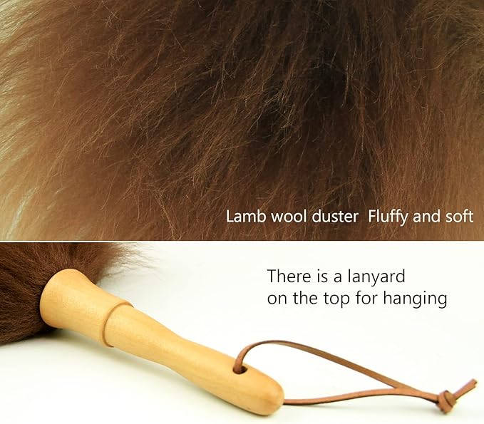 Lambswool Duster 14'' Length Solid Wooden Handle Leather Hang Strap for Cleaning Ceiling Fans Window Blinds Computer Furniture Figurines TV Natural Feather Duster,Brown