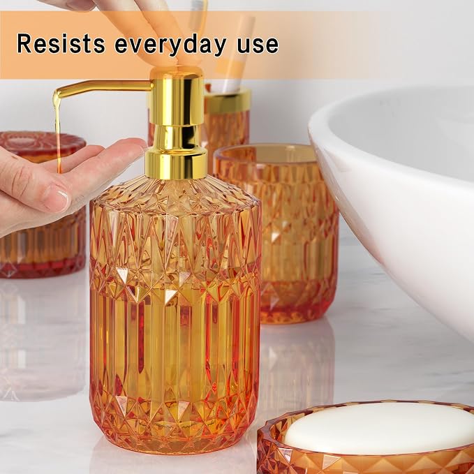 Orange Glass Bathroom Accessories Set 5 Pcs, Orange Bathroom Set, Soap Dispenser and Toothbrush Holder Set, Qtip Holder Set, Vintage Bathroom Sink Set, Cute Bathroom Decor