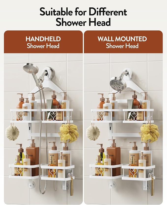 Orimade Adjustable Hanging Shower Caddy for Handheld Shower Heads, Rustproof Bathroom Shelf Organizer Over Showerhead Storage Rack with 8 Hooks, Easy-Clean Removable Baskets & Triple Anti-Slip, White