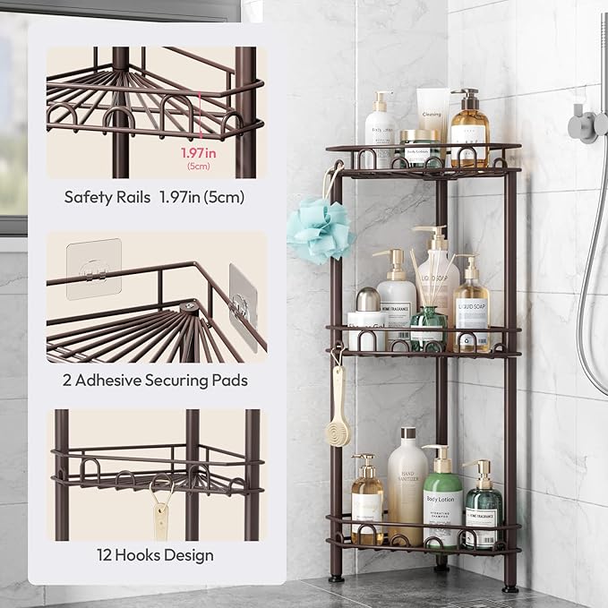 SWTYMIKI Standing Shower Caddy Corner - 3‑Tier Stainless Steel Shower Organizer Shelf with 12 Hooks and Adhesive Pads, Rustproof Corner Shelves Stand Rack for Bathroom Shower Room, Bronze