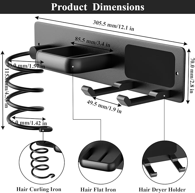 Tindbea Hair Dryer Holder Wall Mount Aluminum Alloy Hot Tools Organizer | Heavy Duty, Matte Black