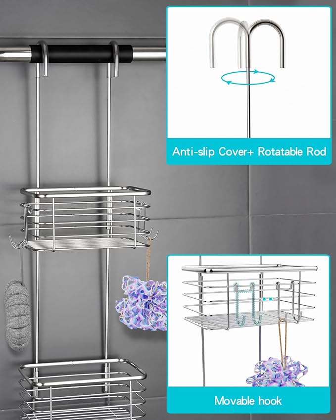 YQH 3-Tier Hanging Shower Rack - Door Organizer with 2 Hooks for Razor, Shower Balls and More (3 Tiers)