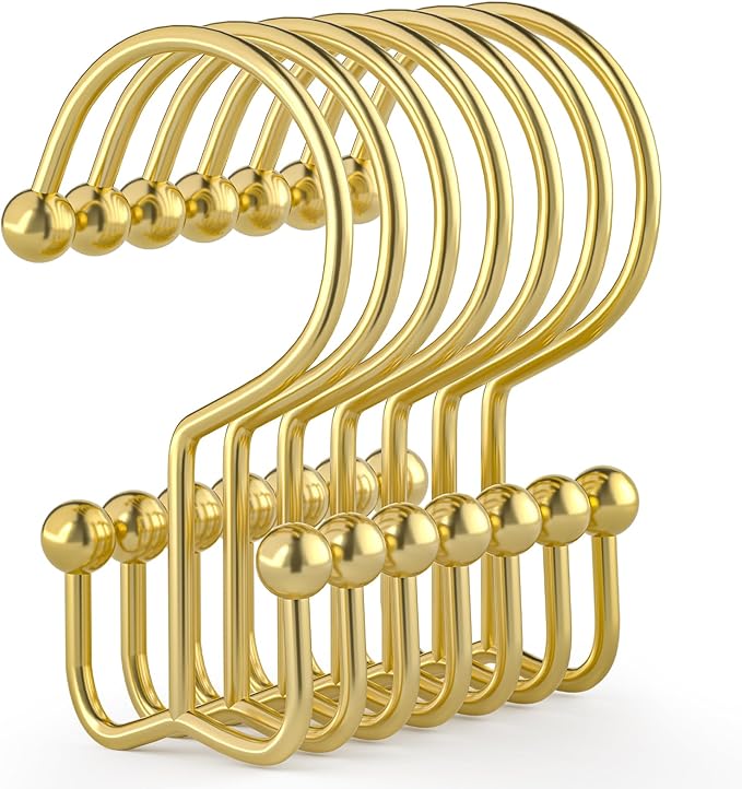 24 Pcs Shower Curtain Hooks, Goowin Shower Curtain Rings, Durable Gold Shower Curtain Hooks, Double Glide Shower Curtain Rings Rust Proof, Simple Shower Hooks for Shower Curtain & Liner, Gold