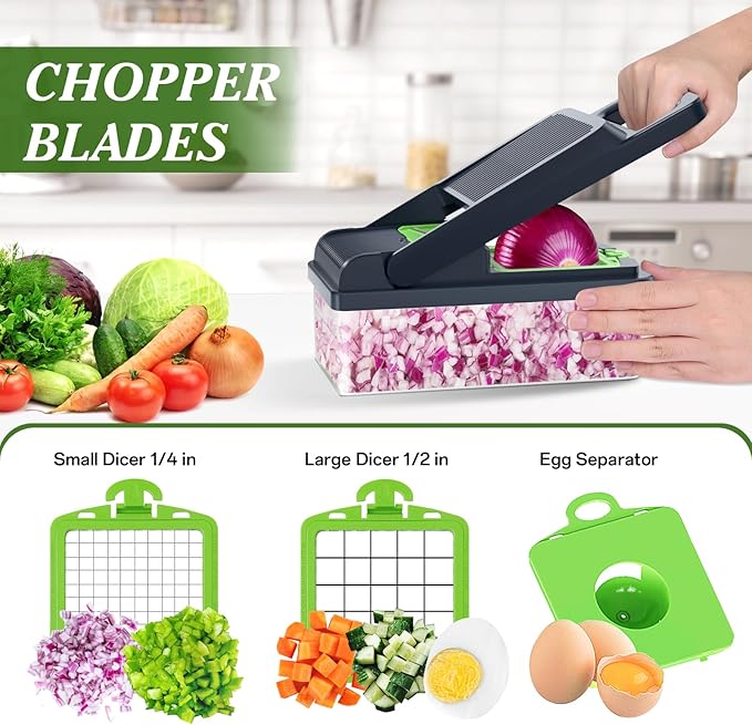HomeHacks Vegetable Chopper Vegetable Cutter, 12 in 1 Kitchen Gadget, Dicer, Slicer, Onion Cutter, Salad, Cheese Grater & Egg Separator - Multi-Functional Veggie Chopper Lid with Handle (Green)