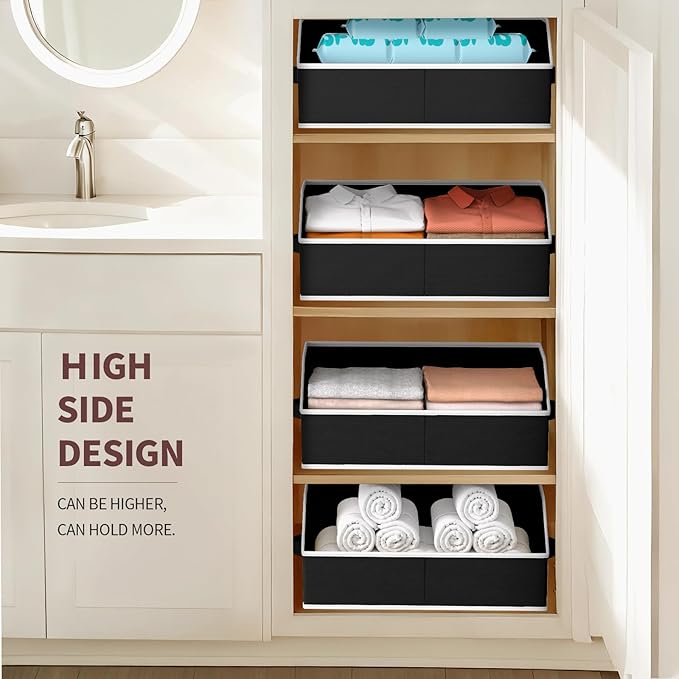 Homsorout Storage Bins for Shelves - Large Trapezoid Closet Shelf Organizer, Fabric Organization Bins with Handles, Storage Baskets for Clothes, Towel, Blanket, 4 Pack, Black