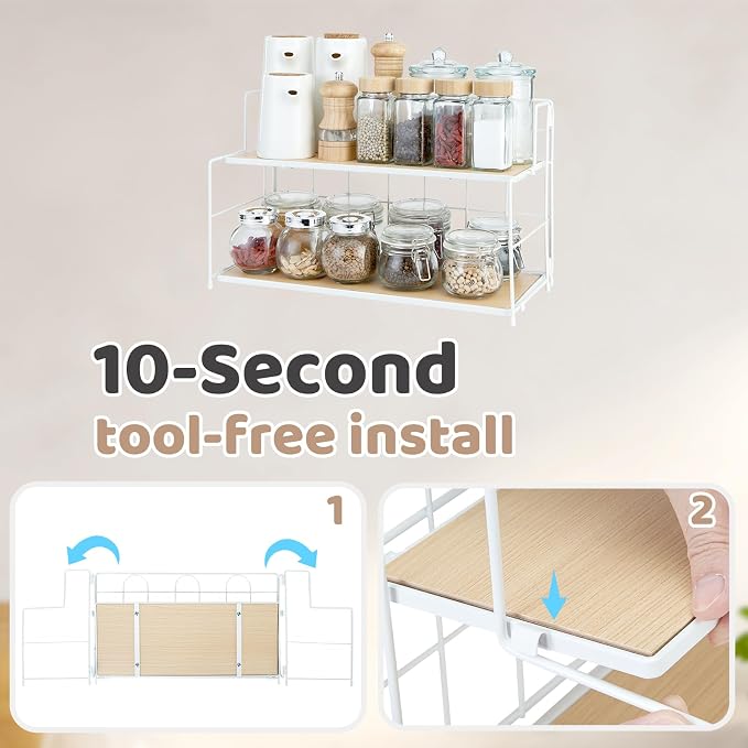 Edergoo Bathroom Counter Organizer 10s Tool-Free Install, 2 Tier Bathroom Organizers and Storage, Collapsible Bathroom Organizer Countertop, Wood Bathroom Kitchen Countertop Organizer, White