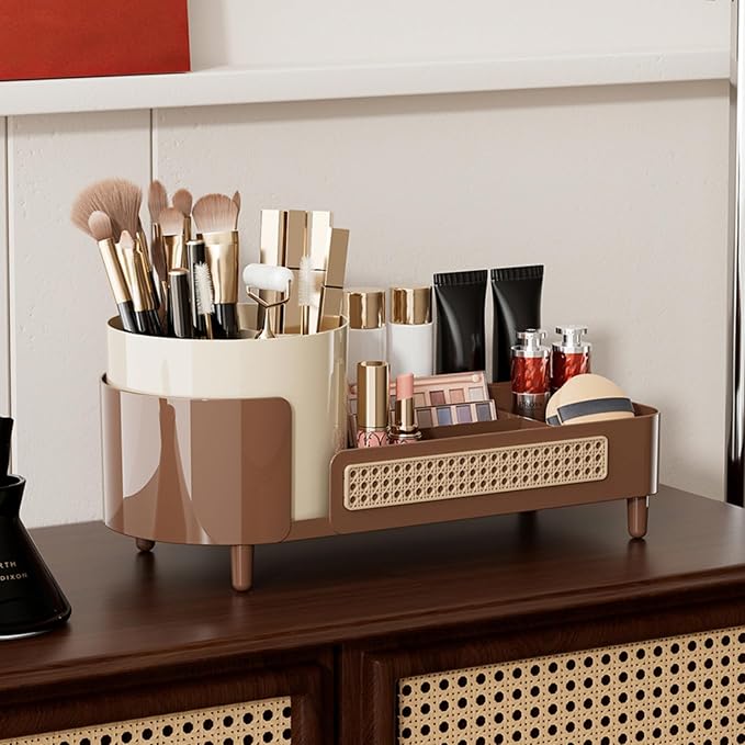 Booklov Rotating Makeup Caddy Organizer for Vanity, Large Capacity Cosmetic Display Case, Countertop Beauty Storage Holder for Skincare, Brush Eyeliner Lipstick, Counter Table Organization, Coffee