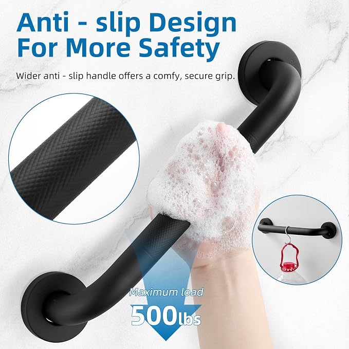 Grab Bars for Shower, Zynuhmo 2 Pack 12 Inch Anti Slip Stainless Steel Bathroom Safety Shower Grab Bar Handrails for Handicap Injury Pregnant Senior Assist Shower Handles(Matte Black, 1" Diameter)