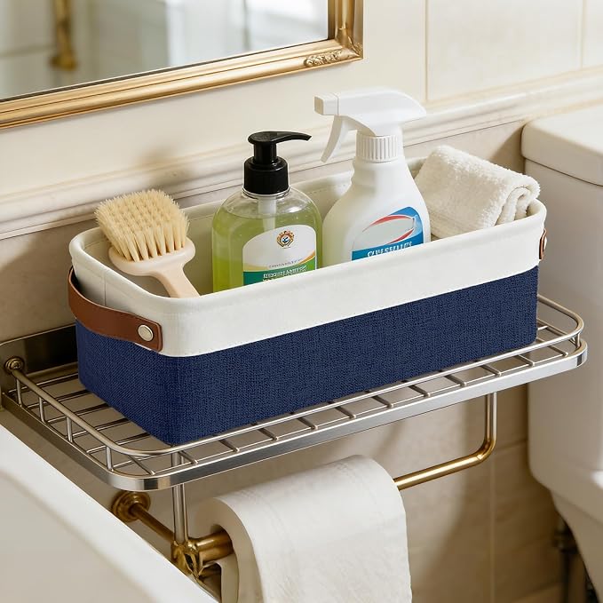 Bagnizer Small Fabric Storage Baskets, 15x6x5 inch Narrow Storage Bins 4-Pack Long Storage Basket for Organizing with Handles, Decorative Basket for Closets, Shelves, Toilet Paper, Navyblue