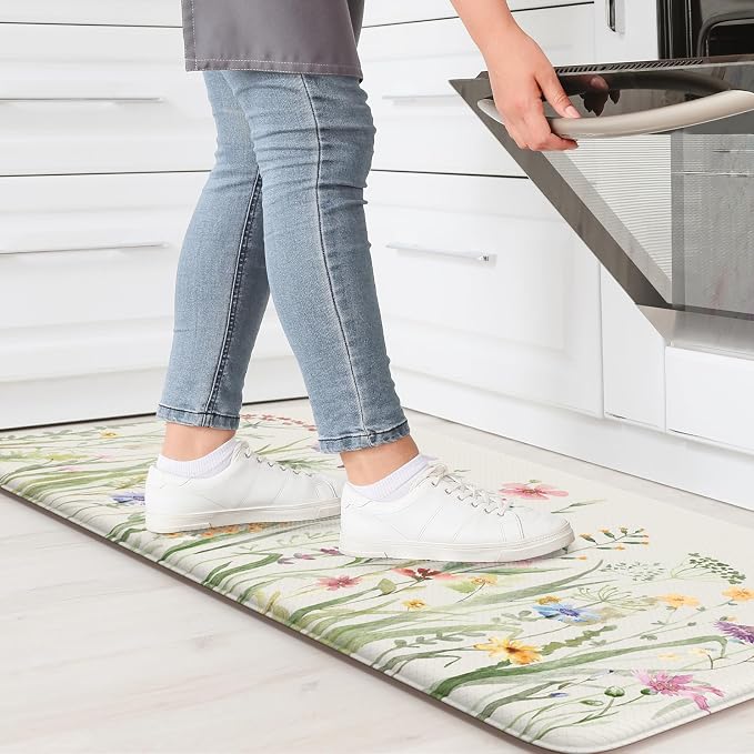 KIMODE Anti Fatigue Kitchen Mat 17.3"x29", Boho Floral Kitchen Floor Mats Non Slip, Waterproof Kitchen Mat for Floor, Padded Comfort Standing Mat for Laundry, Office, Sink, Desk White