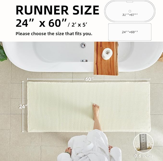 TYUU Cream White Long Bathroom Rugs, Waffle Runner Rug Bathroom Non Slip Washable Super Absorbent Quick Dry Boho Farmhouse Bath Mat, 60"x24" Cream White