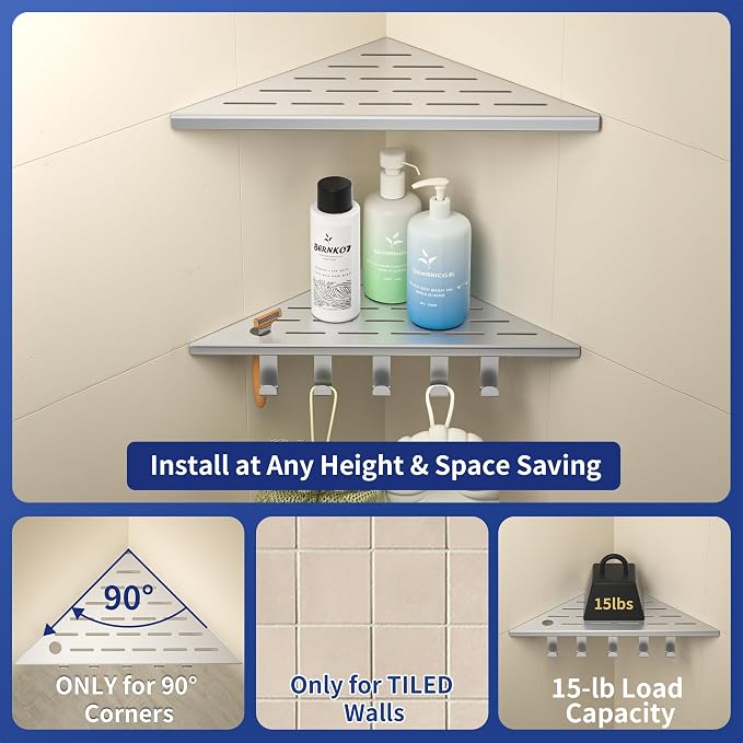 Corner Shower Shelf w/Hooks, Grout in Bathroom Shelves for Tiled Wall, 304 Stainless Steel Recessed Shower Shelf (Brushed, 12''-2pcs)