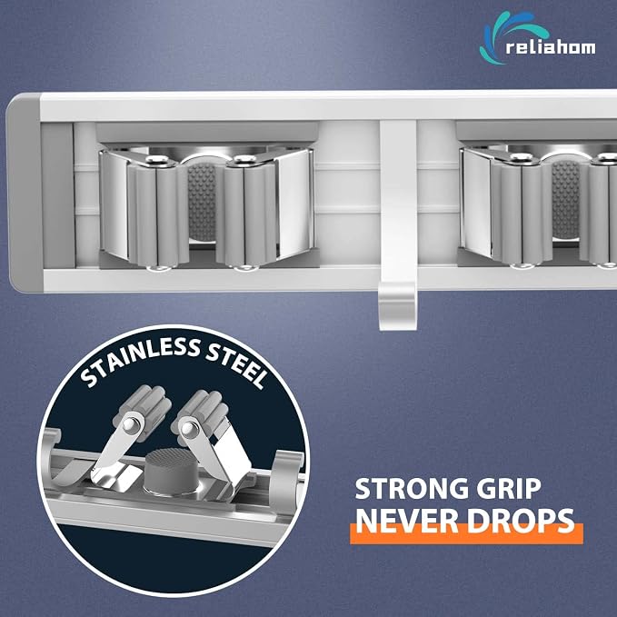 reliahom Broom Holder Wall Mount, 2 Pack 5 Racks with 4 Hooks Silver - Mop Storage Tool Racks, Broom Hanger Tool Organizer for Garage, Kitchen, Garden, Laundry Room
