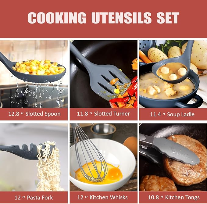 RAXCO Kitchen Set,18-Piece Cooking Utensils and Kitchen Knife Set,Gray | 7-Piece Kitchen Utensils Heat-resistant to 410°F,5-Piece Sharp Knife,5-Piece Cooking Tools and Cutting Board In One