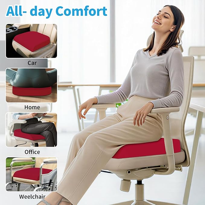 TranquilRelax Large Seat Cushion, Memory Foam Cushion for Long Sitting Hours on Office Chair, Home & Car, Non-Slip Chair Pad for Relieving Back & Sciatica & Hip & Coccyx Pain (Red)