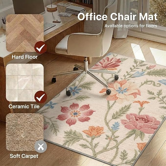 48"x72" Office Chair Mat for Hardwood Tile Floor, Under Desk Carpet Protector for Rolling Computer Chair Mat, Machine Washable Area Rug, Anti-Slip 1/5" Thick Low Pile Thin Vinyl Floor Mat, Blush Cream