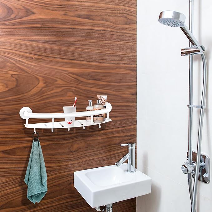White 18-inch Safety Grab Bar with Storage Shelf for Bathtub or Shower, Drainage Holes, Stainless Steel, Wall Mounted Grab Bars for Elderly Injured Balance Support