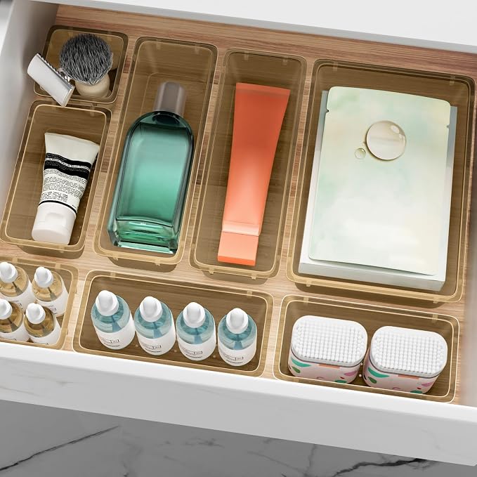 ElegantArray 12 PCS Drawer Organizer Set, 4 Sizes Tool Storage Trays, Clear Plastic Makeup Vanity Organizer and Storage Bins for Stationeries, Multiple Gadgets for Office, Bedroom, Champagne