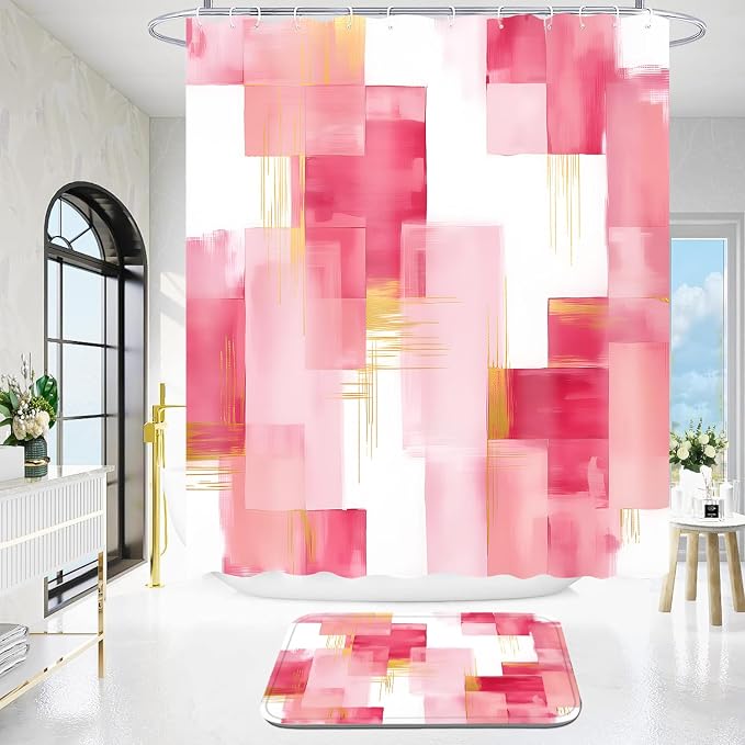 Yddsky 4 Pcs Pink and Gold Geometric Shower Curtain Sets Non-Slip Bath Rugs, Bathroom Accessories,Bathroom Sets with Shower Curtain and Rugs, Pink Geometric Modern Bathroom Decor with 12 Hooks