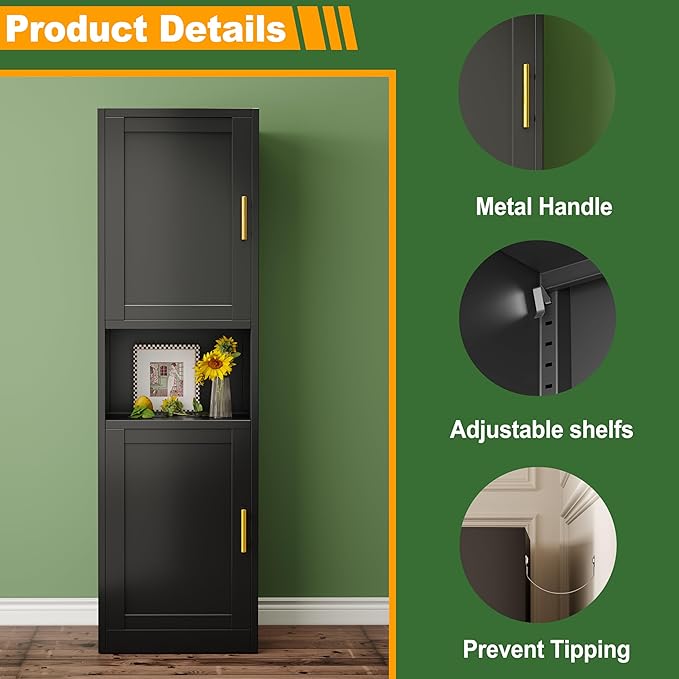 Ckzbx Tall Narrow Storage Cabinet 66.93" H Tall Bathroom Cabinet Metal Pantry Cabinets, 4 Adjustable Shelves for Kitchen, Home Office, Living Room, Dinning Room (16 inches Wide Black)