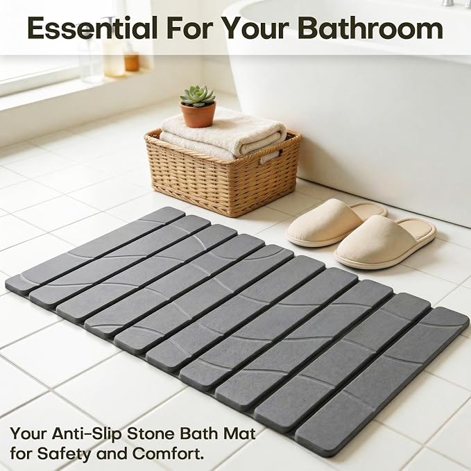 Linidcoud Foldable Stone Bath Mat, Non Slip Large Diatomaceous Shower Mat, Super Absorbent Quick Drying Stone Mat for Bathroom Kitchen Floor Counter Sink,Easy to Clean & Store (24" x 16" Dark Gray)