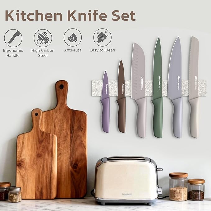 Astercook Knife Set, 13 Pieces Kitchen Knives Set with Healthy Anti-Rust Coating, Dishwasher Safe, Stainless Steel Chef Knife Sets with 6 Blade Guards, Fathers Day Gift for Men Morandi