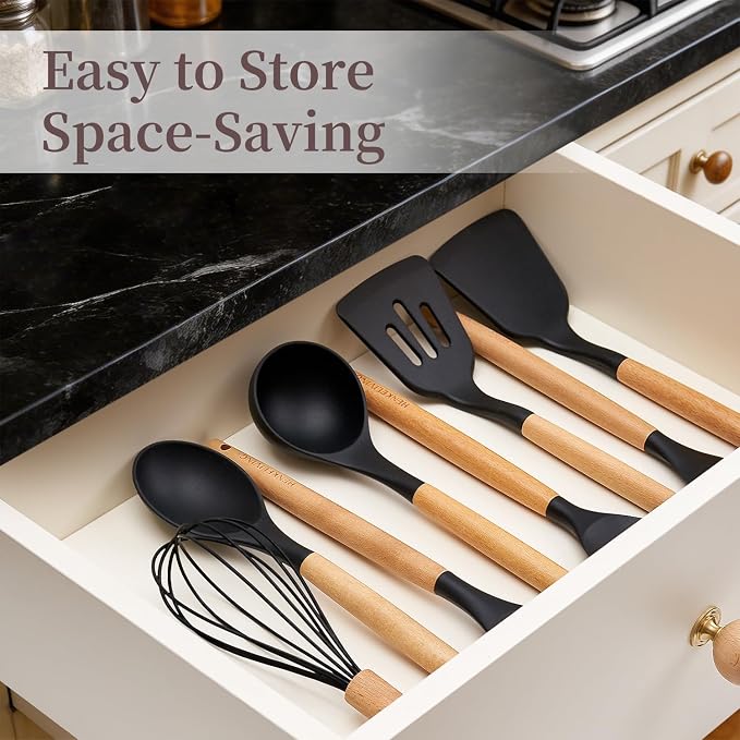 Silicone 10 Pcs Kitchen Cooking Utensils Set, Recycled Materials Certification, BPA Free Spatula Set with Heat Resistant Wood Handles for Nonstick Cookware, Black