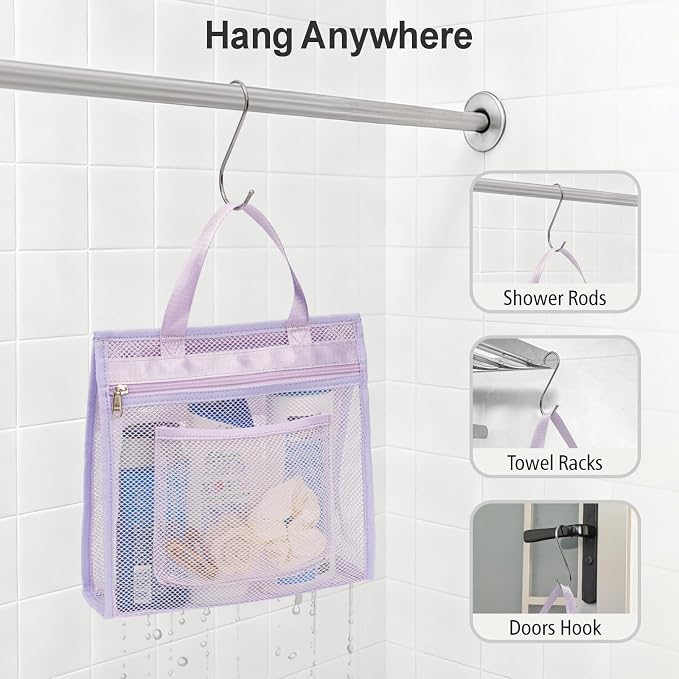 F-color Mesh Shower Caddy Portable Hanging - 3 Pockets Small Shower Bag Tote for Camping, Gym, Travel, Toiletry, Quick Dry Bathroom Essentials with S Hook, Purple