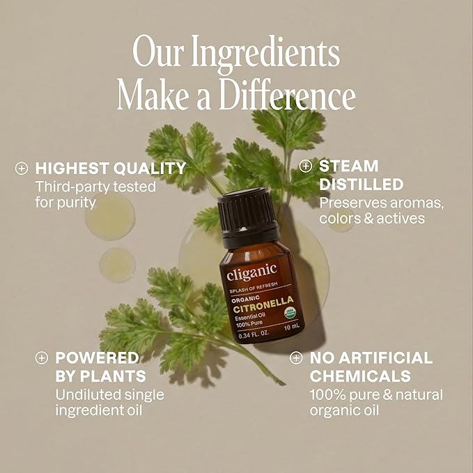 Cliganic Organic Citronella Essential Oil - 100% Pure Natural for Aromatherapy Diffuser | Non-GMO Verified