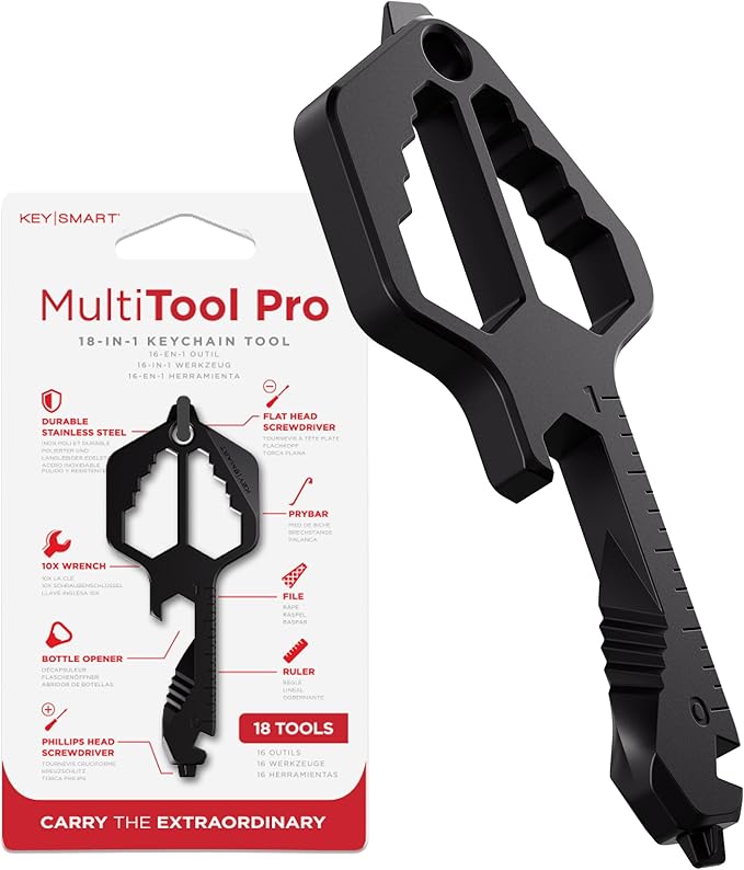 KeySmart Multitool Pro - 18-in-1 Multifunction Key Shaped Tool Pocket Multi-Tool Key Chain Bottle Opener Keychain, Key Multitool Keychain for Men Gift, EDC Gear Keychain, Black, 1 Pack