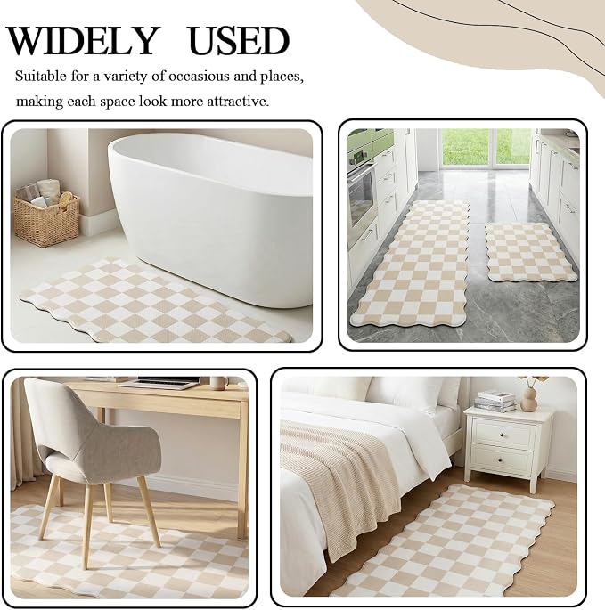 Scalloped Cream Checkered Grid Checkerboard Kitchen Rug Sets [2 PCs], Anti-Fatigue, Waterproof Non-Slip Kitchen Mats Heavy Duty Ergonomic Comfort Foam Rug for Floor, Home, Laundry,17"x29"+17"x47"