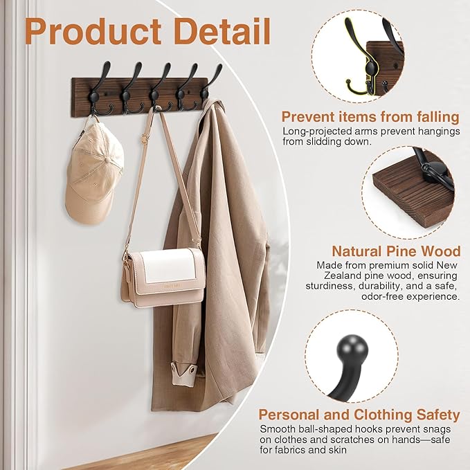Wooden Coat Rack Wall Mount Heavy Duty, 2 Pack Coat Hanger Wall Mount with 5 Triple Hooks for Clothes, Jacket, Hat, Keys, Space Saving Entryway Organizer for Mudroom (‎Brown Plate & Black Hooks)