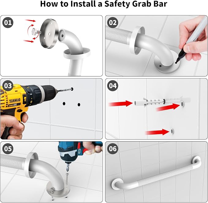 White Grab Bar 24 Inch, iHansee Anti-Slip Bathroom Grab Bar w/Knurled Texture Grip, Stainless Steel Safety Handrail for Toilet Bathtub, Wall Mounted Shower Handle Handicap Bars for Senior Elderly