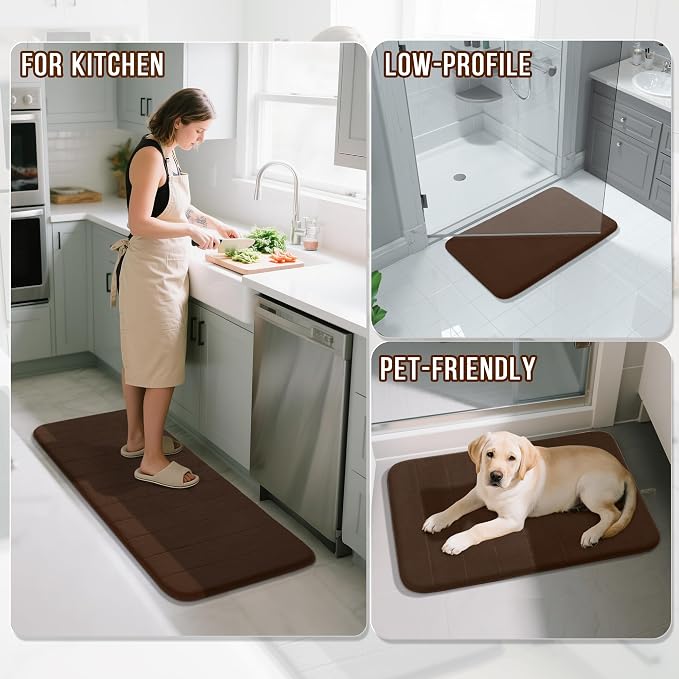 Yimobra Large Bath Mat Set 2 Piece- Super Soft Absorbent Quick Dry Memory Foam Bathroom Rugs, Machine Washable Non Slip Floor Carpet for Tub Shower & Double Vanity (17x24 & 44x24, Brown)