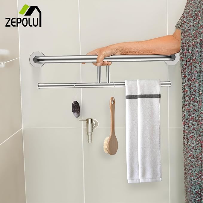 Chrome Double Toilet Paper Holder w/Safety Bar 24 inch, Zepolu 2-in-1 Assist Bar Balanced Support Handle, Stainless Steel Handrail Wall Mounted Bathroom Toilet Grab Bar for Senior Elderly Handicap