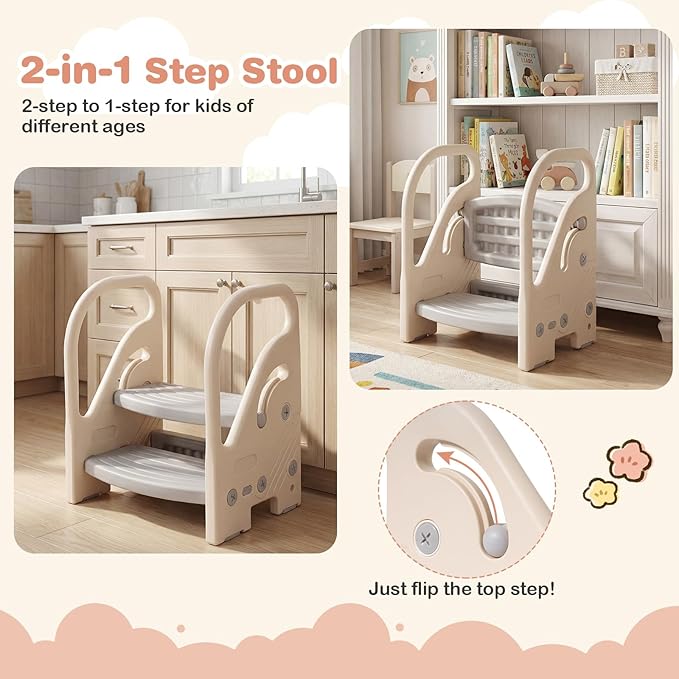 Costzon Toddler Step Stool for Bathroom Sink, Adjustable 2-Step Kids Helper Stool with Safety Handles & Non-Slip Pads, Convertible Plastic Ladder for Bedroom Kitchen Counter Potty Training, Grey