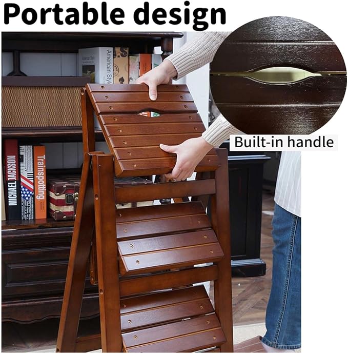 3-Step Ladder Stool, Wooden Folding Step Stool for Home & Kitchen, Solid Pine with Non-Slip Steps & Anti-Scratch Shoe Covers, 337lb Weight Capacity, Space-Saving, No Assembly Required (Walnut)