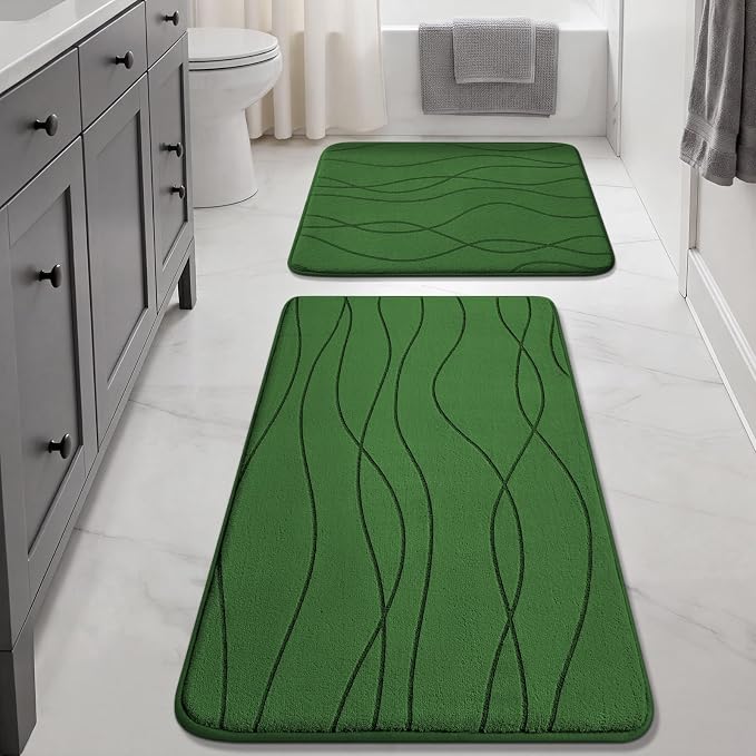 YIHOUSE Memory Foam Bathroom Rug Sets 2 Piece, Ultra Absorbent Bath Mat for Bathroom - Non-Slip Machine Washable & Dry Quickly, 2 Piece Bathroom Mat Set,Green,(17"x24"+20"x32")