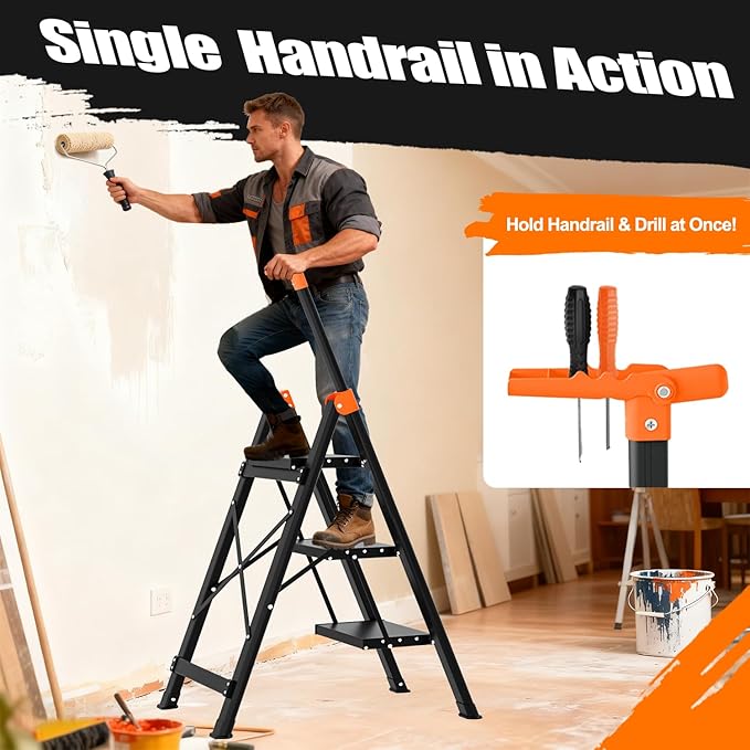 3 Step Ladder with Single Handrail,Retractable Handgrip 3 Folding Step Stool,Lightweight Aluminum Step Ladder 3 Step Folding,600lbs Max Load Capacity for Household,Kitchen,Office