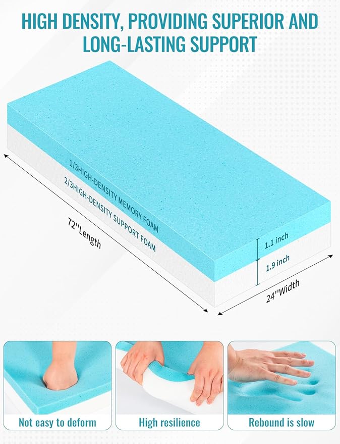 Memory Foam Upholstery, CertiPUR-US Certified 2.5 Lb Density Memory Foam and High Density Sponge 72"L×24"W×3"Thick Support Focused for Back Discomfort Long Sitting Guest Beds