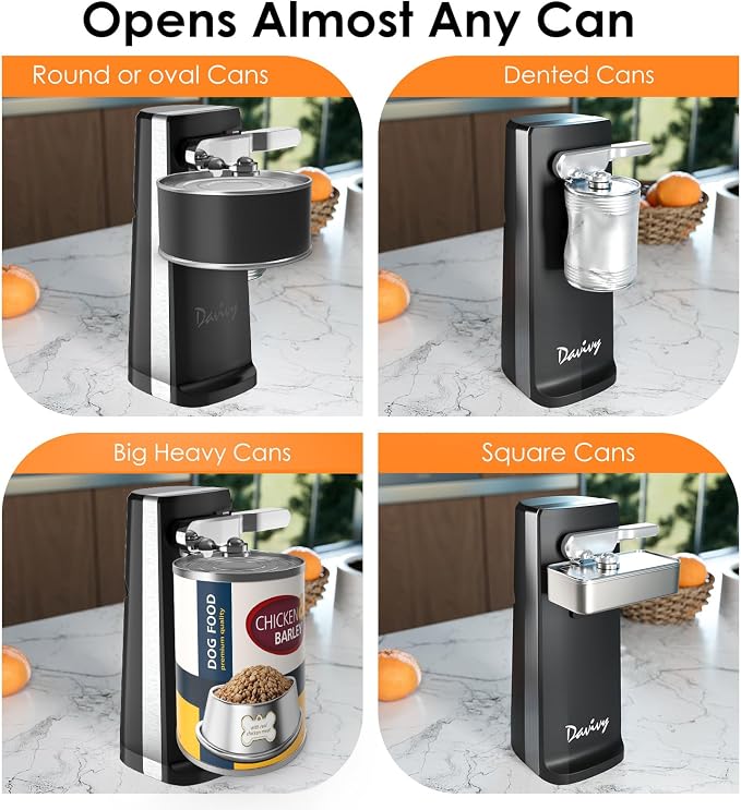 Davivy Electric Can Opener, One Touch Lid Opener, Removable Stainless Steel Cutter and 3-in-1 Design, with Sharpener and Bottle Opener (Black)