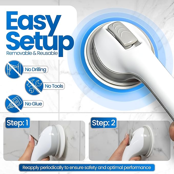 Safe-er-Grip Safe-er-Grip Changing Lifestyles Suction Cup Grab Bars for Bathtubs & Showers; Safety Bathroom Assist Handle, White & Grey, 12 inches