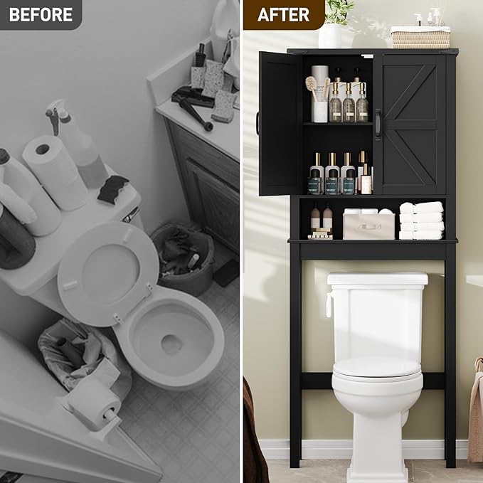 Halitaa Over The Toilet Storage Cabinet, Farmhouse Over Toilet Bathroom Organizer with 2 Barn Doors, Narrow Above Toilet Storage Cabinet, Behind Toilet Bathroom Organizer, Black