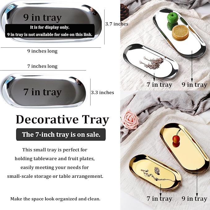 Stainless Steel Decorative Tray, Set of 2, 7 Inch Long, Jewelry Dish Cosmetics Organizer Bathroom Clutter Serving Platter Small Storage Tray, Oval, Silver