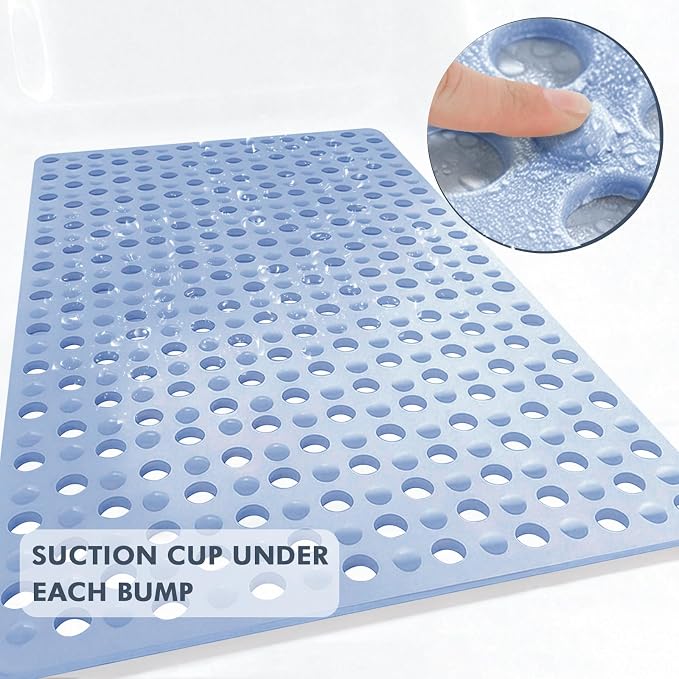 Tiamo Large Bathtub Mat 20.87" x 33.86",Non Slip Shower & Tub Mat for Elderly & Pregnant Women,Big Suction Cups,Quick Drain,Soft & Durable,Blue