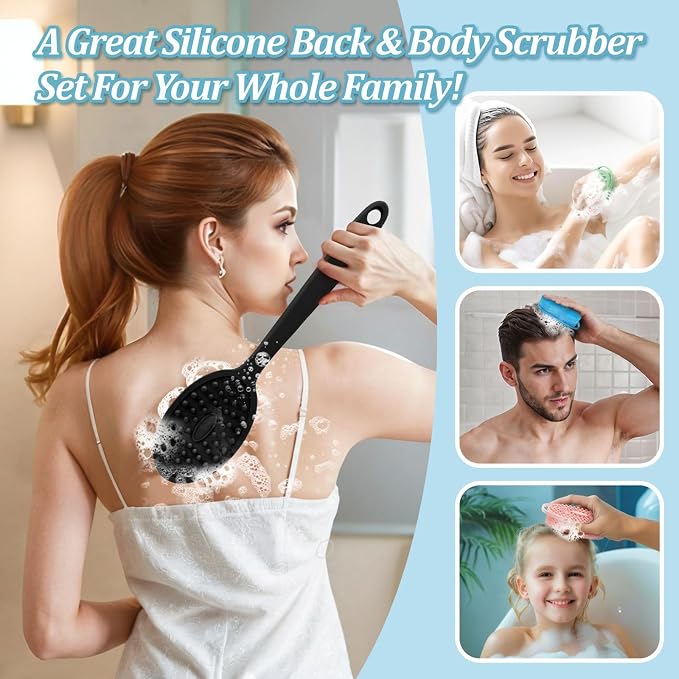 Silicone Back Scrubber & Bath Glove Set 2PCS, 13.4'' Gentle Shower Back Scrubber with Dual-Side Head Non-Slip Handle, 360° Anti-Slip Hand-fit Bath Glove for Rich Foaming Deep Cleaning(Black)